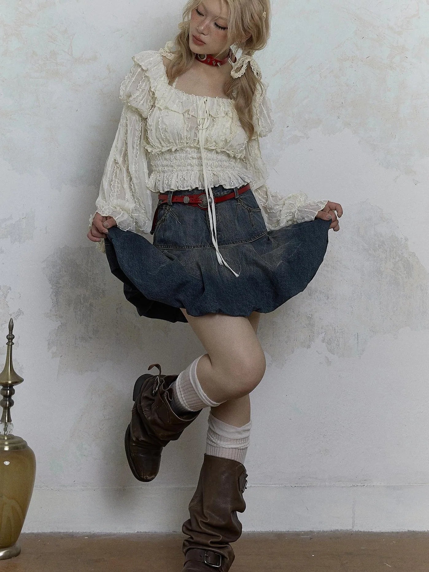 Vintage Lace Puff Sleeve Off Shoulder Blouse Top