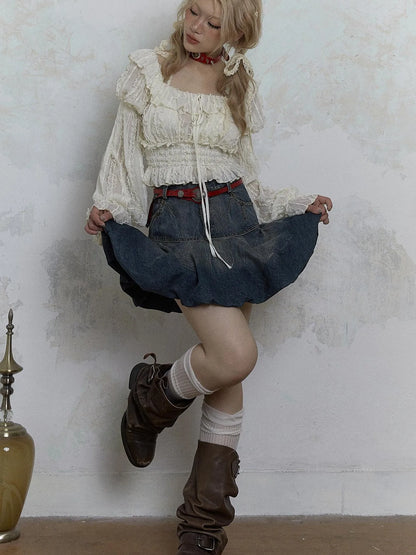 Vintage Lace Puff Sleeve Off Shoulder Blouse Top