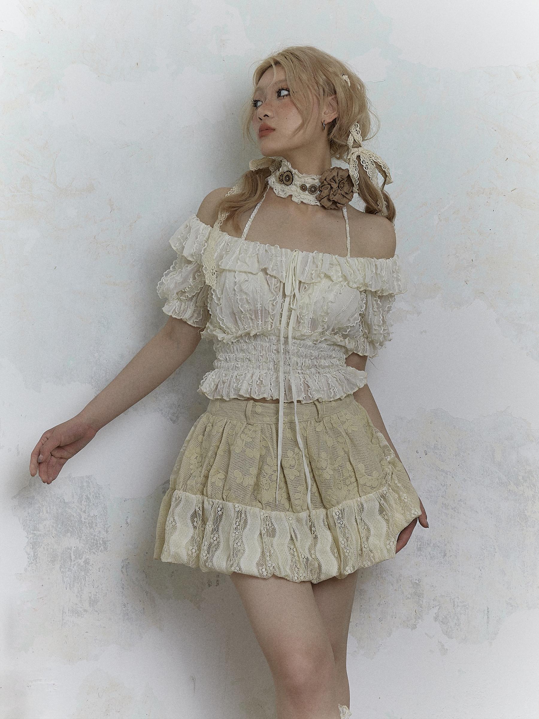 Vintage Lace Puff Sleeve Off Shoulder Blouse Top