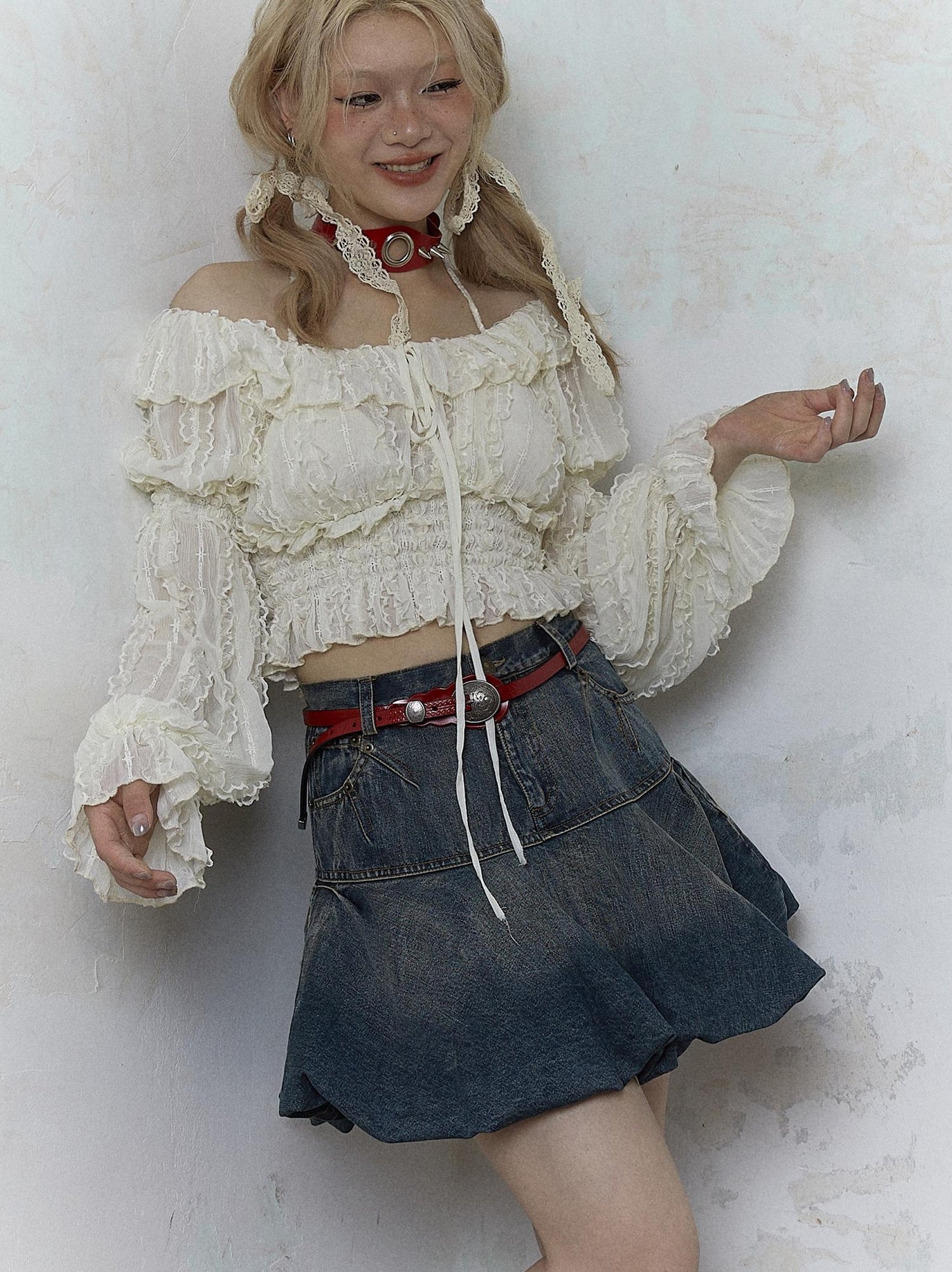 Vintage Lace Puff Sleeve Off Shoulder Blouse Top