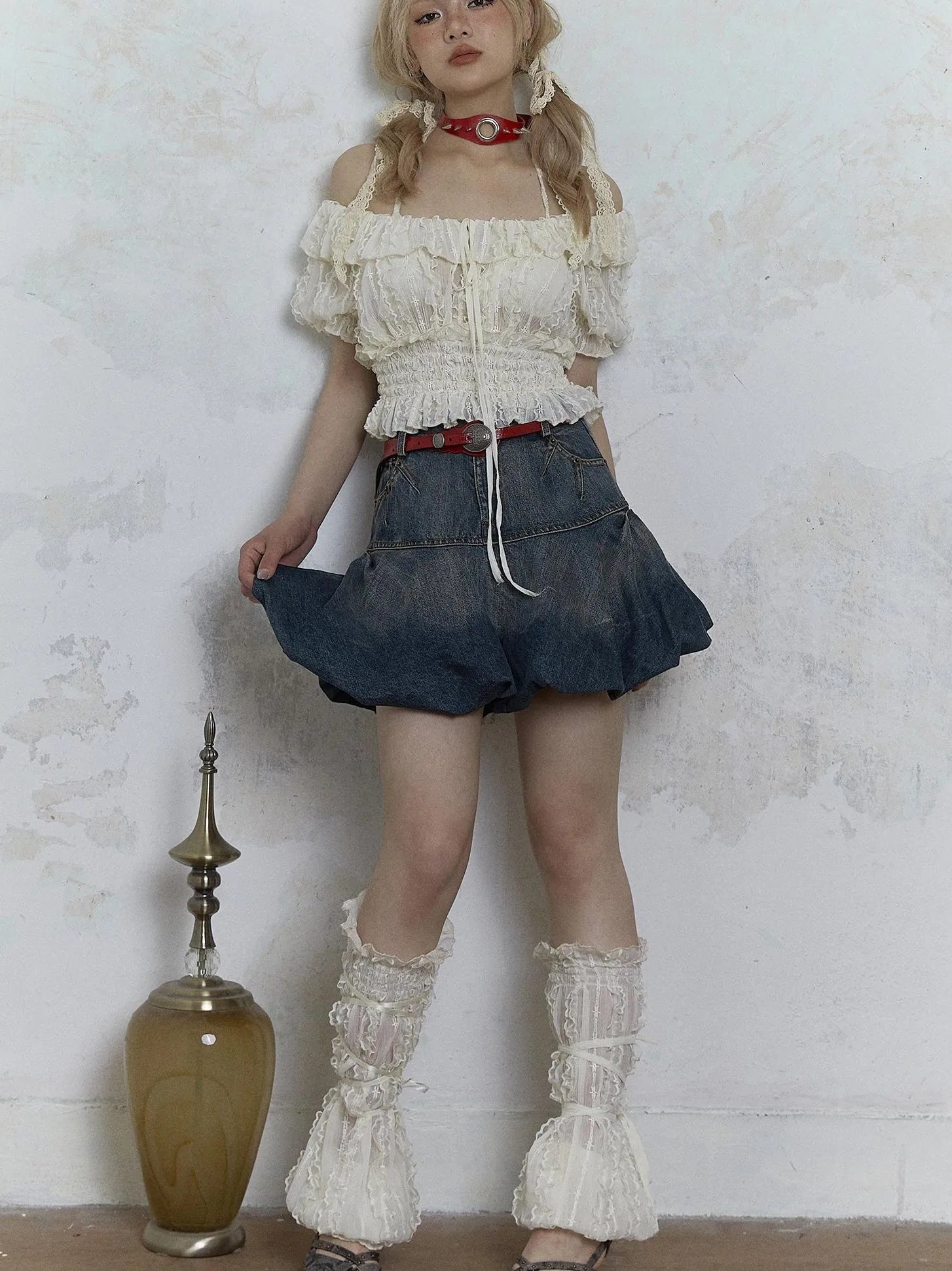 Vintage Lace Puff Sleeve Off Shoulder Blouse Top