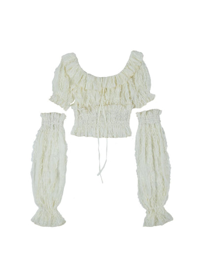 Vintage Lace Puff Sleeve Off Shoulder Blouse Top