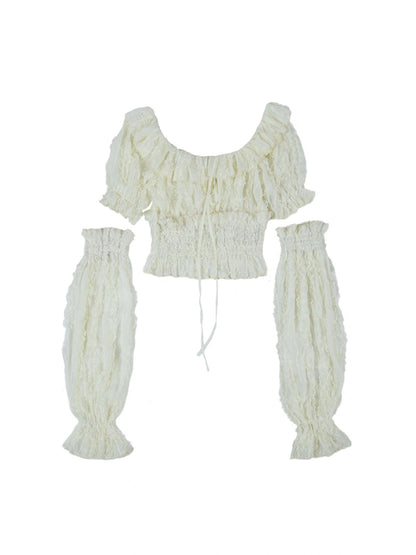 Vintage Lace Puff Sleeve Off Shoulder Blouse Top