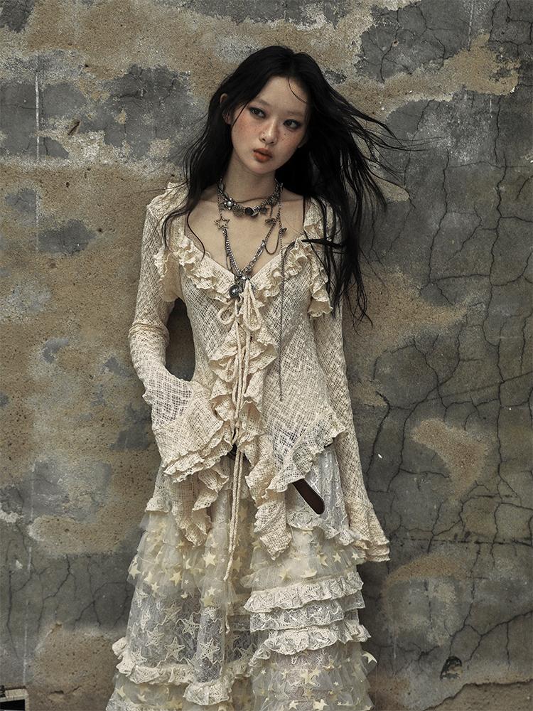 Vintage Lace Ruffle Bell Sleeve Blouse Shirt