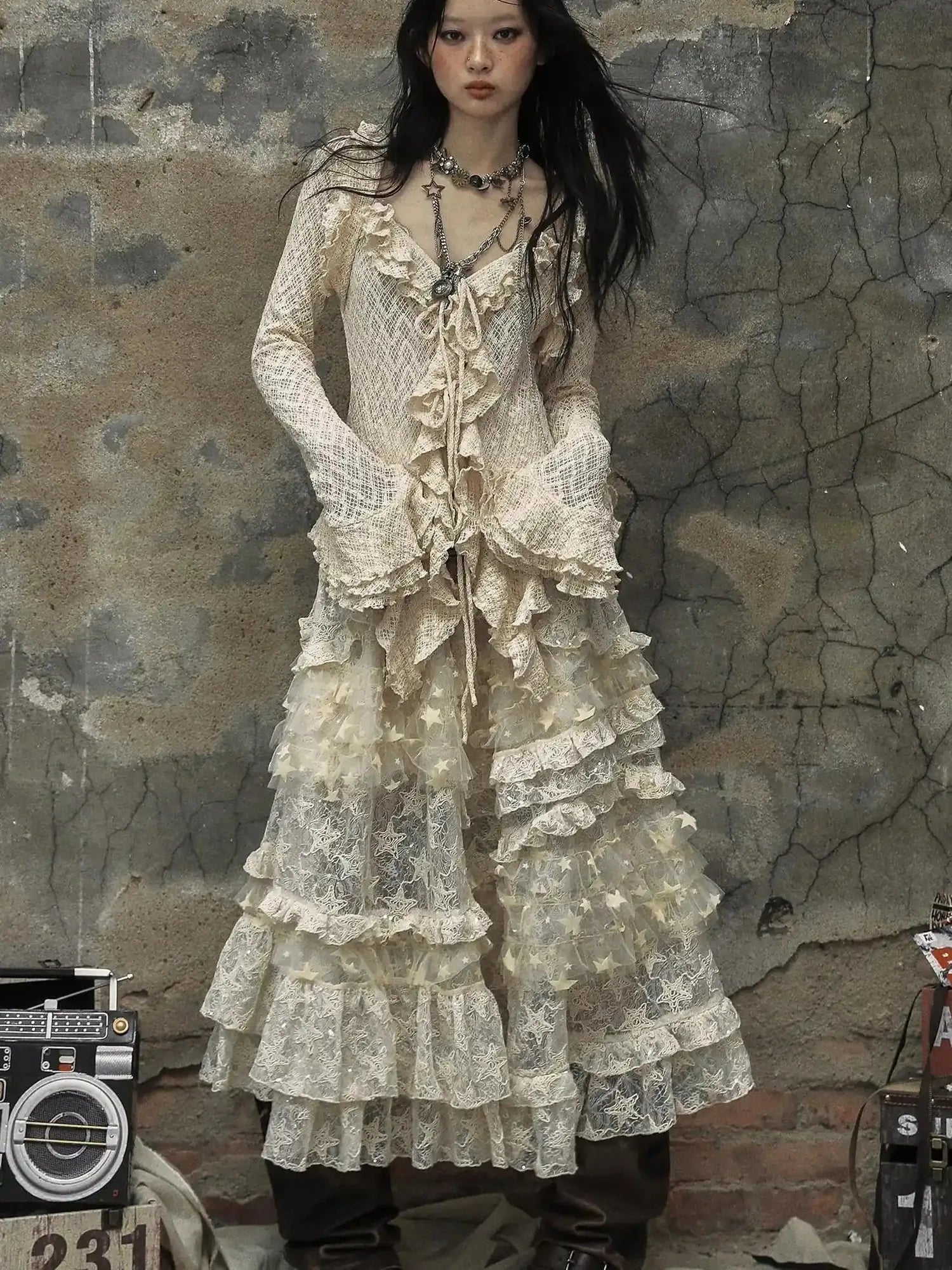 Vintage Lace Ruffle Bell Sleeve Blouse Shirt