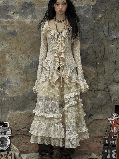 Vintage Lace Ruffle Bell Sleeve Blouse Shirt