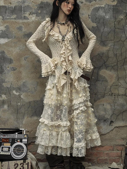 Vintage Lace Ruffle Bell Sleeve Blouse Shirt