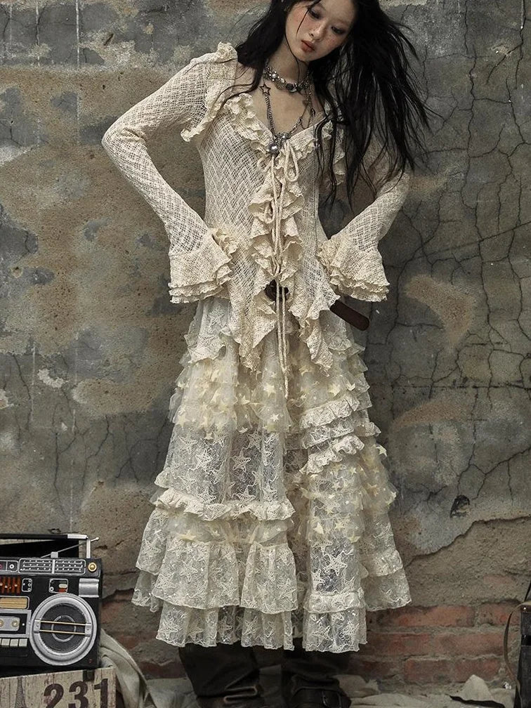 Vintage Lace Ruffle Bell Sleeve Blouse Shirt