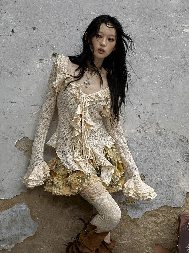 Vintage Lace Ruffle Bell Sleeve Blouse Shirt