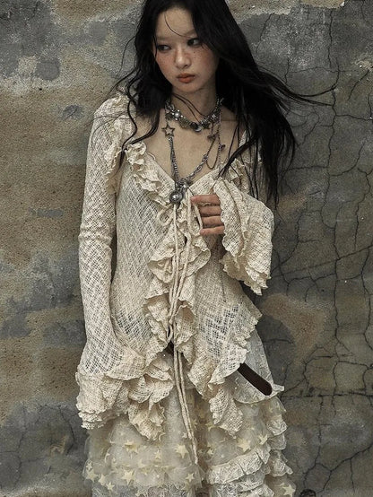 Vintage Lace Ruffle Bell Sleeve Blouse Shirt