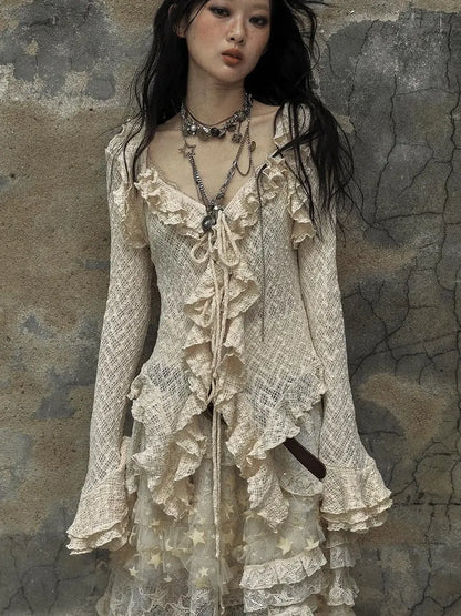 Vintage Lace Ruffle Bell Sleeve Blouse Shirt