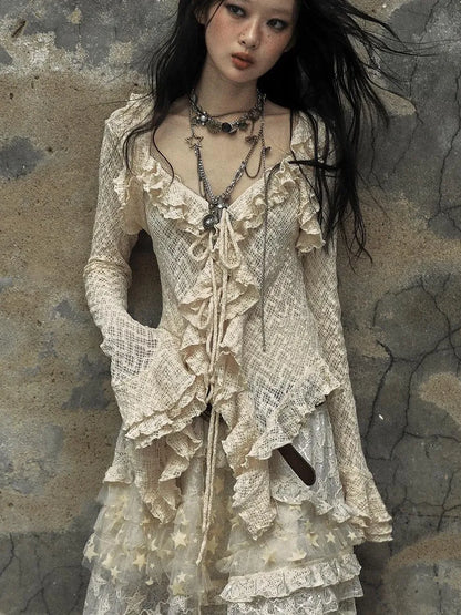 Vintage Lace Ruffle Bell Sleeve Blouse Shirt