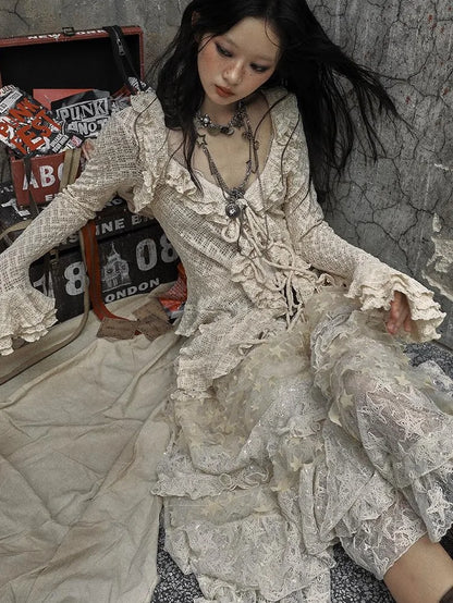 Vintage Lace Ruffle Bell Sleeve Blouse Shirt