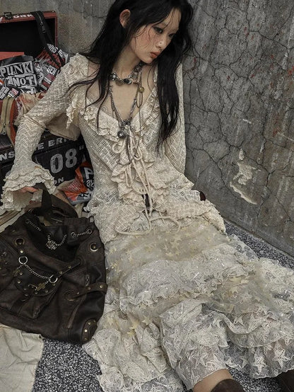 Vintage Lace Ruffle Bell Sleeve Blouse Shirt