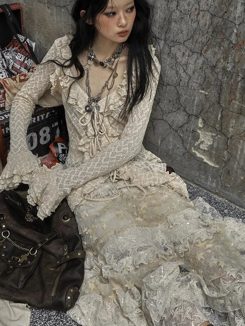 Vintage Lace Ruffle Bell Sleeve Blouse Shirt
