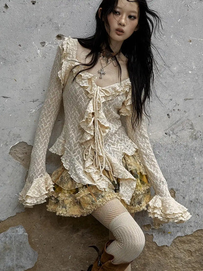 Vintage Lace Ruffle Bell Sleeve Blouse Shirt