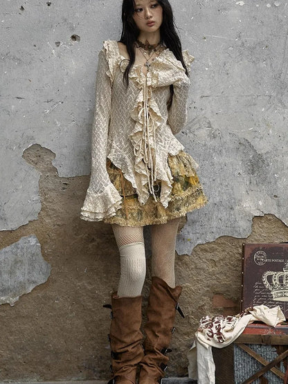 Vintage Lace Ruffle Bell Sleeve Blouse Shirt