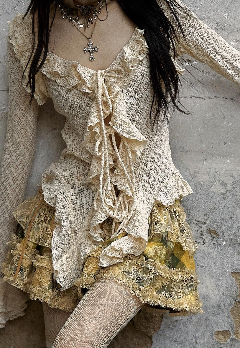 Vintage Lace Ruffle Bell Sleeve Blouse Shirt