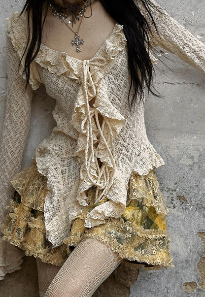 Vintage Lace Ruffle Bell Sleeve Blouse Shirt