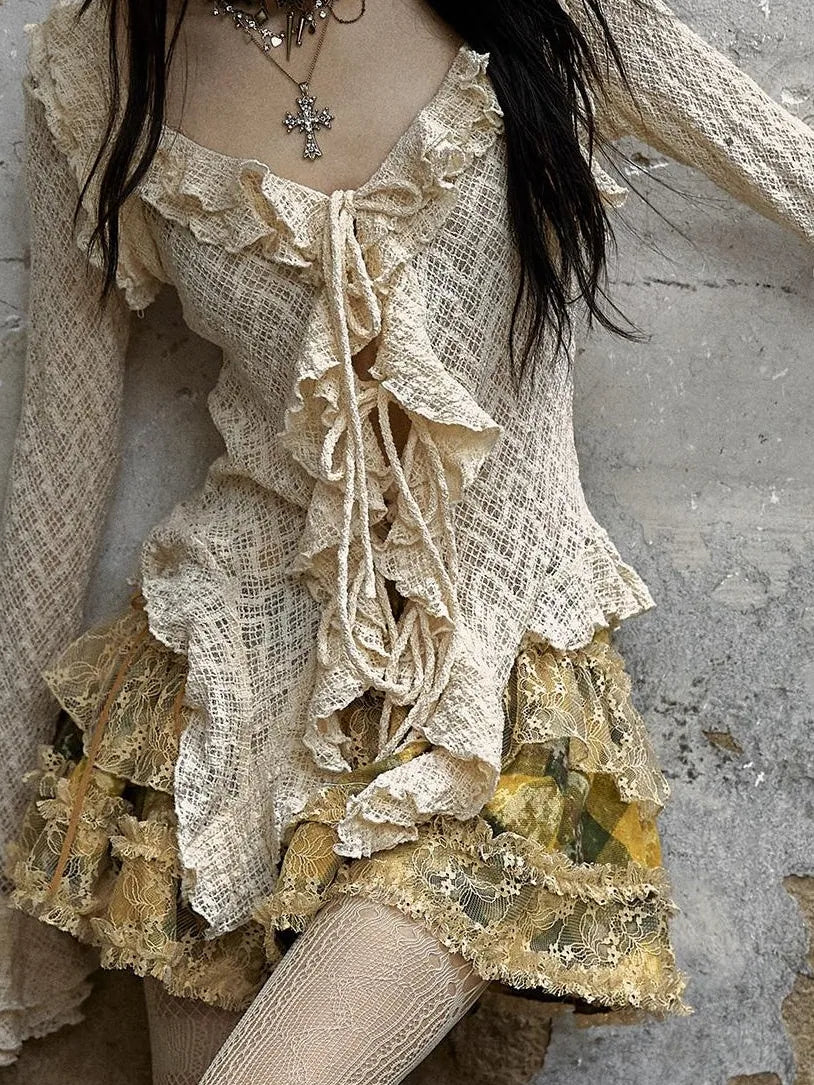 Vintage Lace Ruffle Bell Sleeve Blouse Shirt