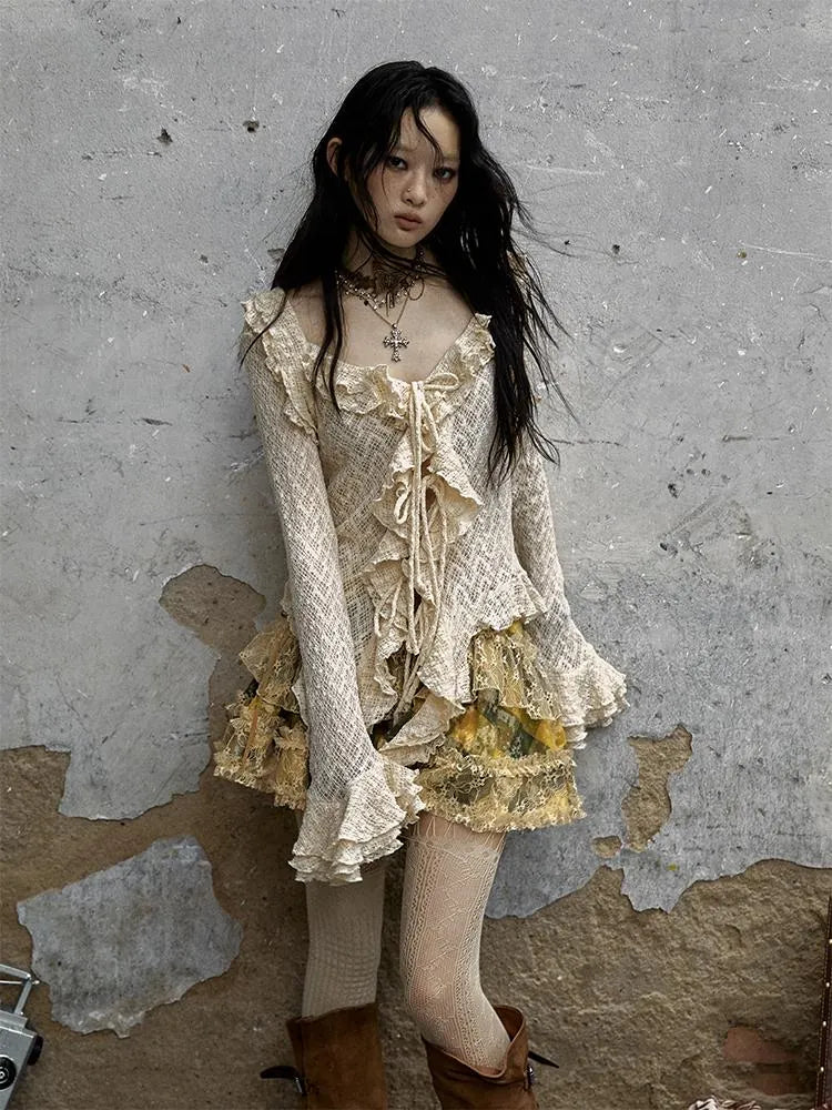 Vintage Lace Ruffle Bell Sleeve Blouse Shirt