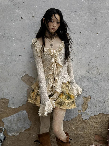 Vintage Lace Ruffle Bell Sleeve Blouse Shirt