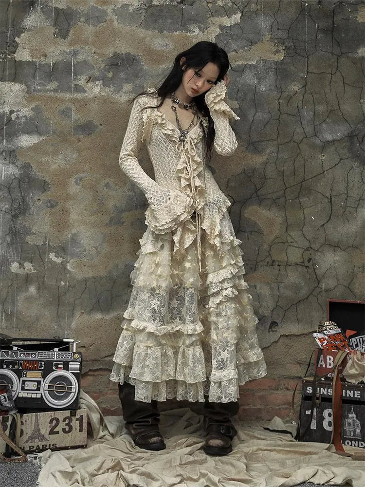 Vintage Lace Ruffle Bell Sleeve Blouse Shirt