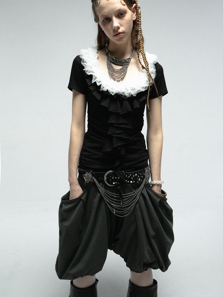DoublePunch Vintage Lace Ruffled Slim Fit Square Neck T-Shirt