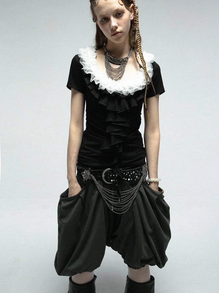 Vintage Lace Ruffled Slim Fit Square Neck T-Shirt