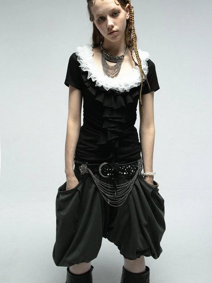Vintage Lace Ruffled Slim Fit Square Neck T-Shirt