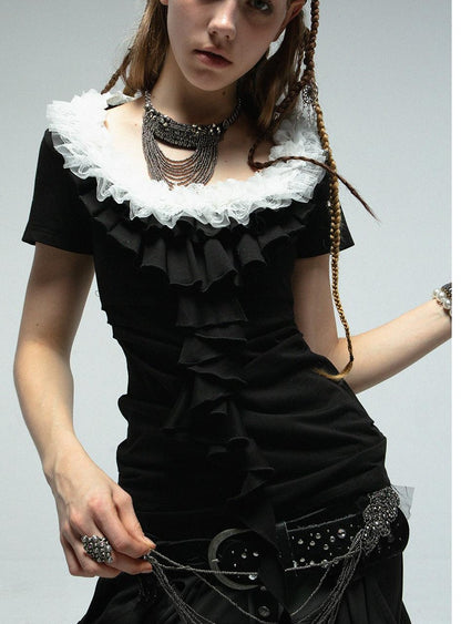 DoublePunch Vintage Lace Ruffled Slim Fit Square Neck T-Shirt