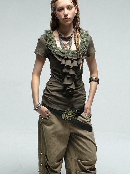 DoublePunch Vintage Lace Ruffled Slim Fit Square Neck T-Shirt
