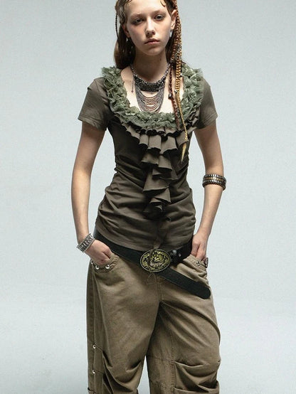 Vintage Lace Ruffled Slim Fit Square Neck T-Shirt