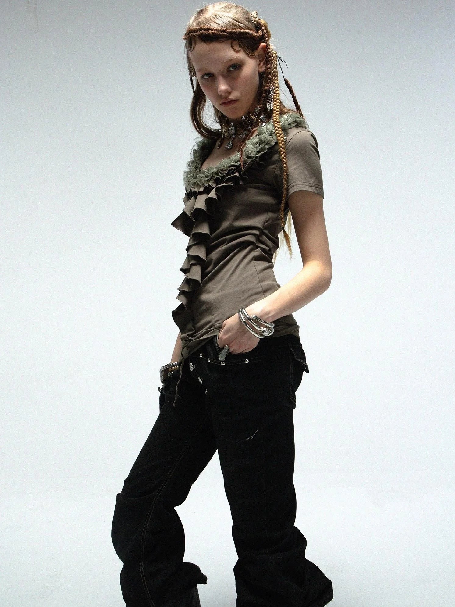 Vintage Lace Ruffled Slim Fit Square Neck T-Shirt