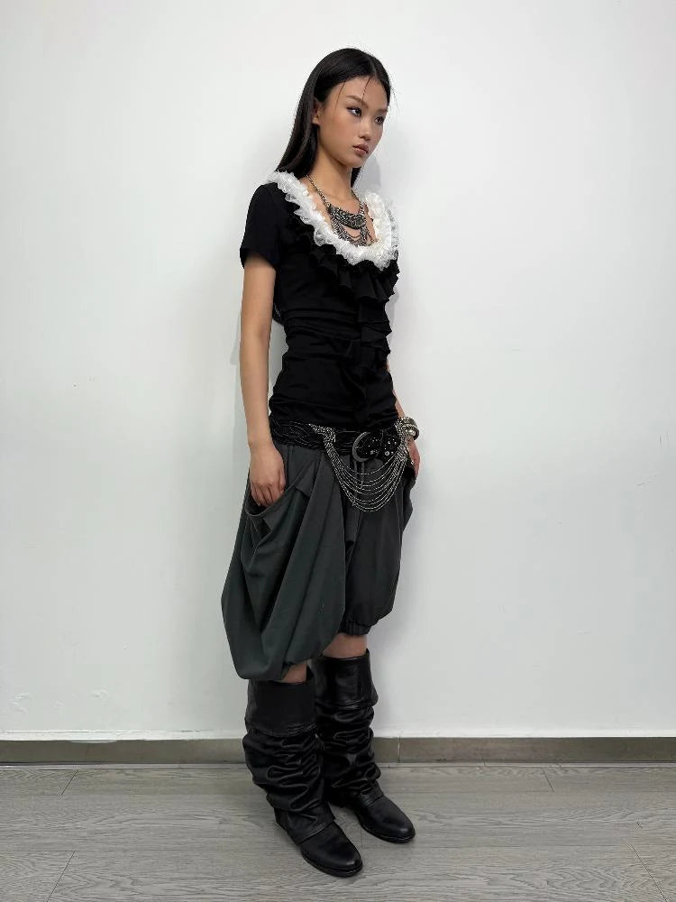 Vintage Lace Ruffled Slim Fit Square Neck T-Shirt