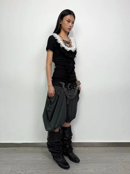 Vintage Lace Ruffled Slim Fit Square Neck T-Shirt
