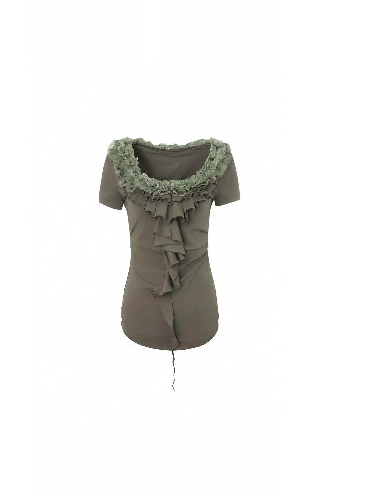 DoublePunch Vintage Lace Ruffled Slim Fit Square Neck T-Shirt