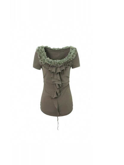 DoublePunch Vintage Lace Ruffled Slim Fit Square Neck T-Shirt