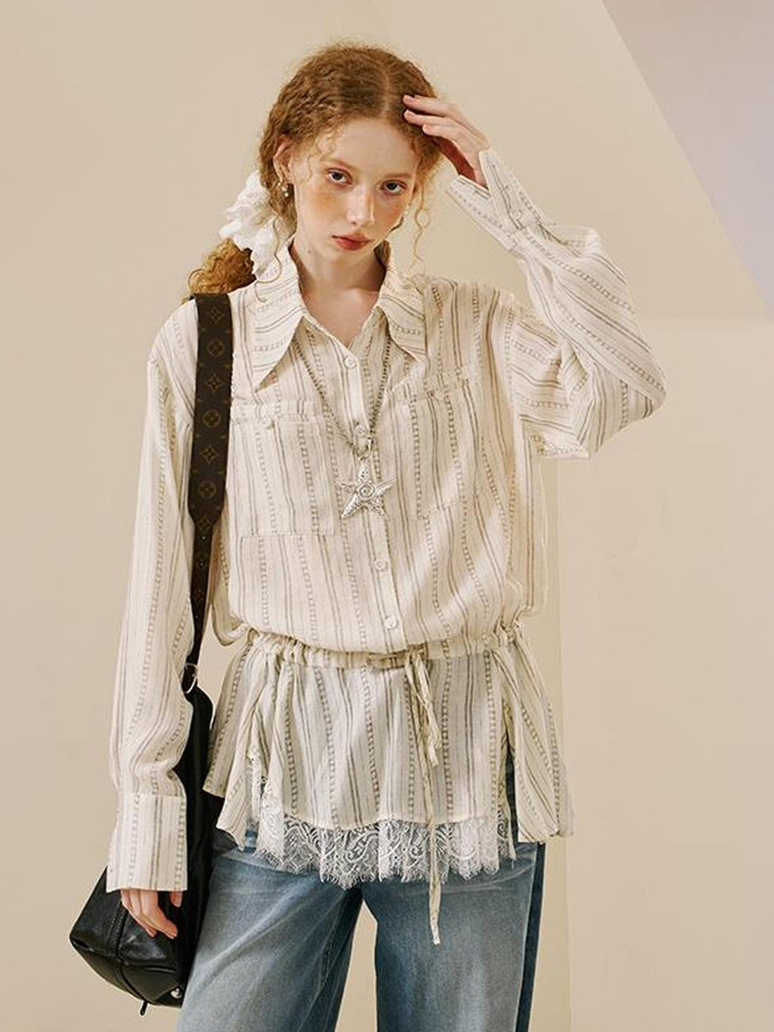 DIDDI MODA Vintage Lace Trim Bow Tie Blouse