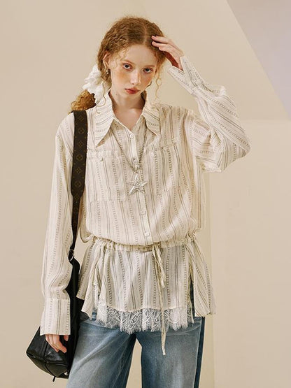DIDDI MODA Vintage Lace Trim Bow Tie Blouse