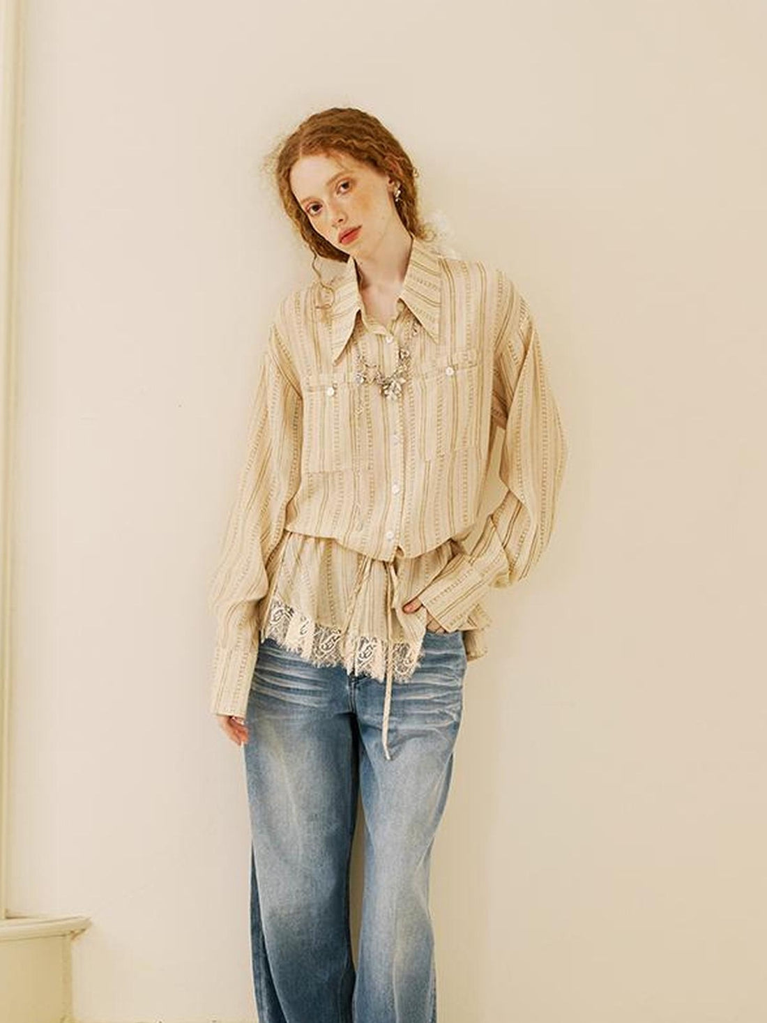 DIDDI MODA Vintage Lace Trim Bow Tie Blouse