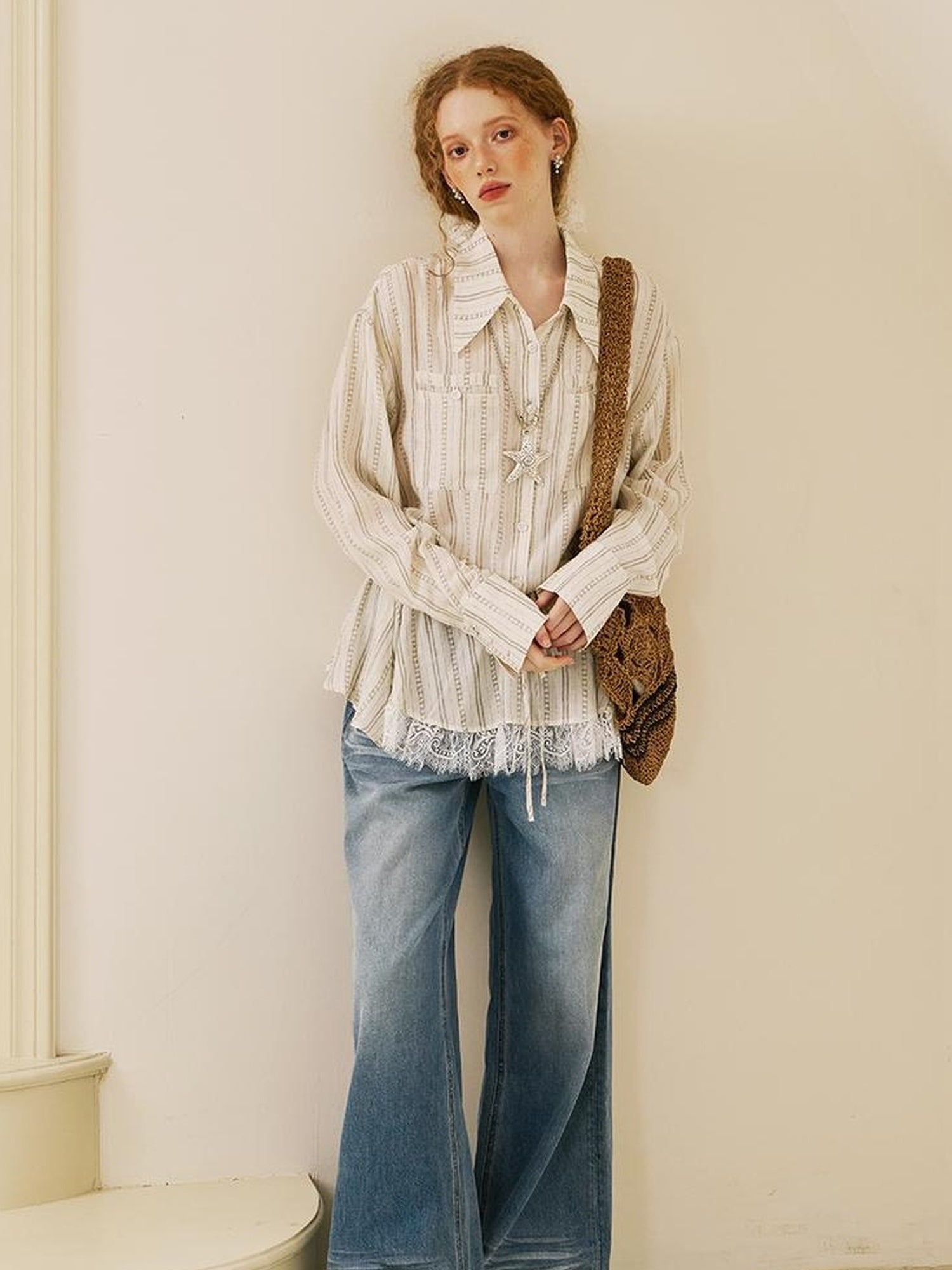 DIDDI MODA Vintage Lace Trim Bow Tie Blouse