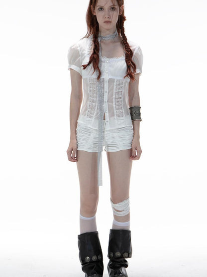 DoublePunch Vintage Lace Trim Princess Sleeve Blouse With Square Neck