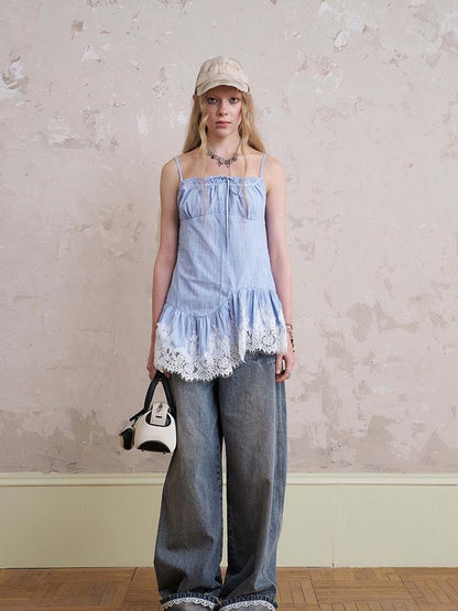DIDDI MODA Vintage Lace Trimmed Distressed Relaxed Fit Jeans