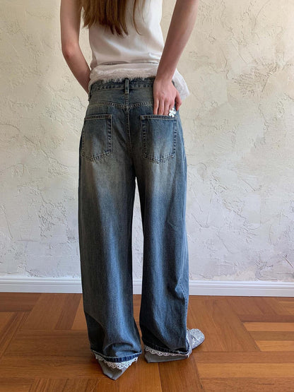 DIDDI MODA Vintage Lace Trimmed Distressed Relaxed Fit Jeans