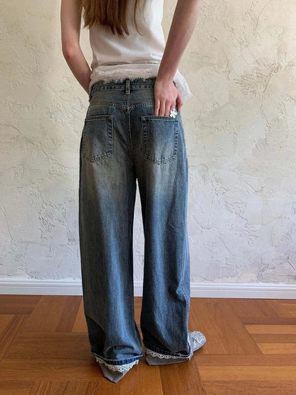 Vintage Lace Trimmed Distressed Relaxed Fit Jeans