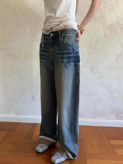 Vintage Lace Trimmed Distressed Relaxed Fit Jeans