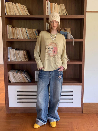 DIDDI MODA Vintage Lace Trimmed Distressed Relaxed Fit Jeans