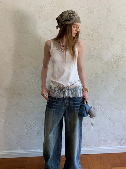 DIDDI MODA Vintage Lace Trimmed Distressed Relaxed Fit Jeans
