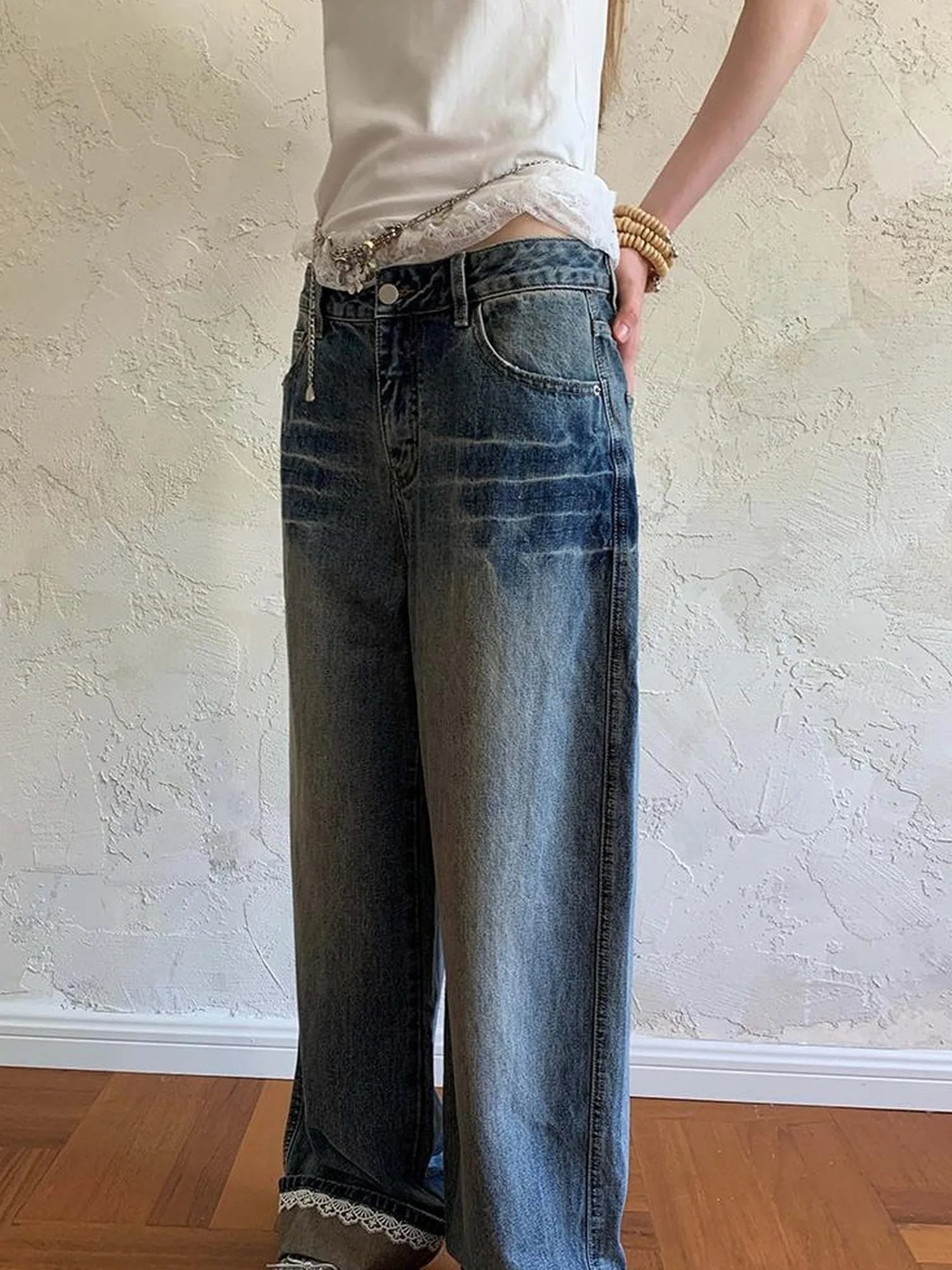 Vintage Lace Trimmed Distressed Relaxed Fit Jeans